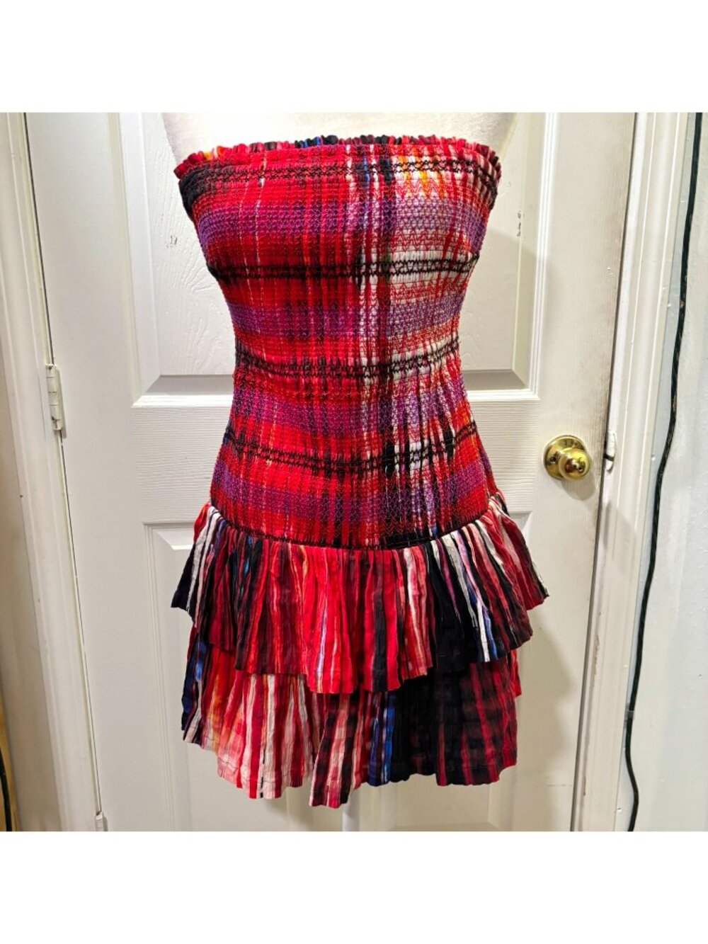 Plenty by Tracy Reese Strapless Smocked Mini Dress Red Plaid Ruffle Size S